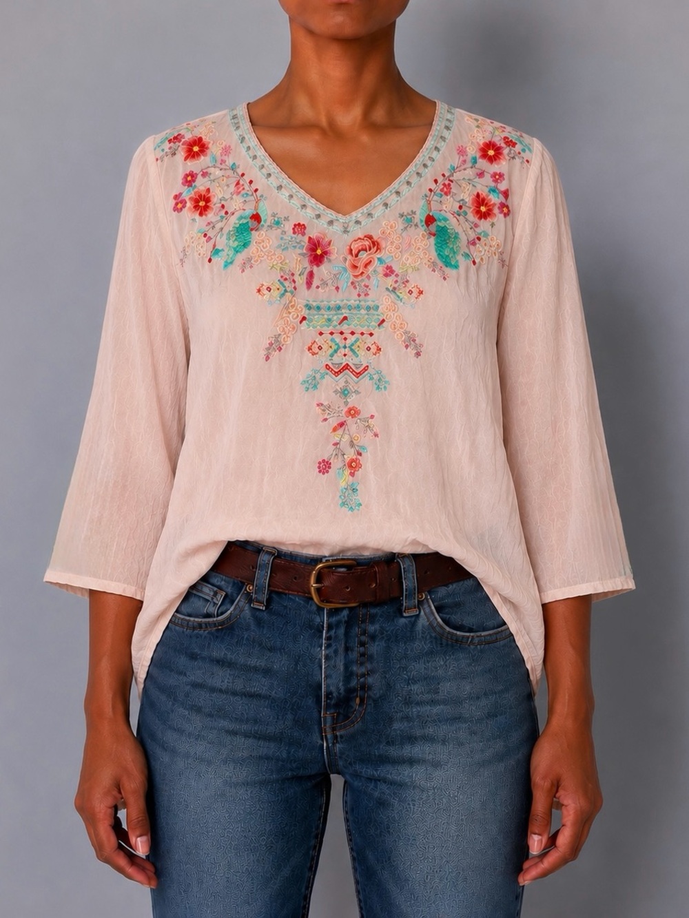 Rare Johnny Was Baby Pink Floral Embroidered 100% Cupra Rayon Boho Blouse Large